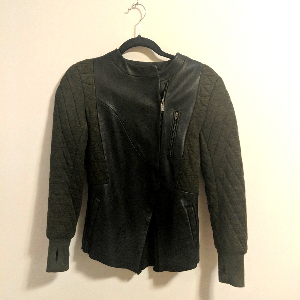 Leather Jacket with Forest Green Material Sleeves